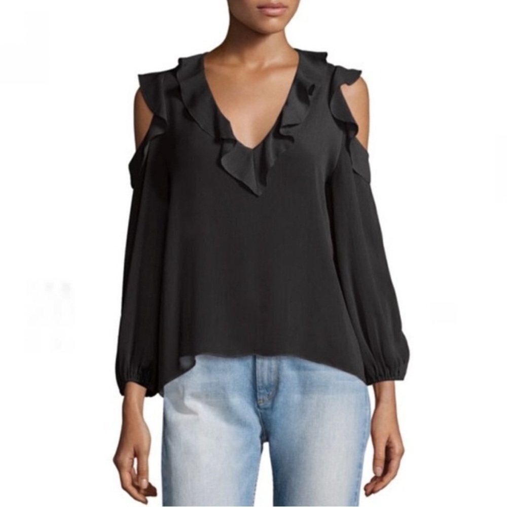 Alice + Olivia Gia Chiffon Sheer Cold-Shoulder Ruffle Blouse in Black Size Small